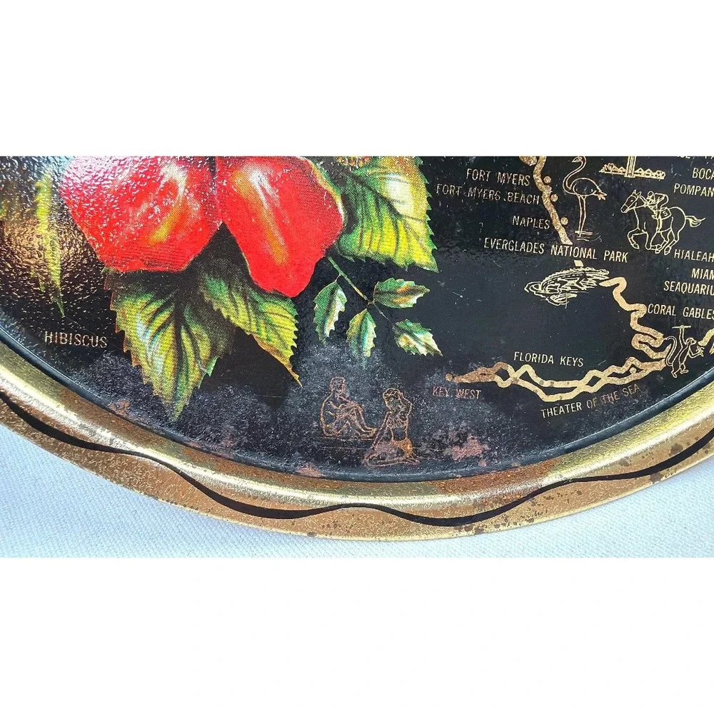 Vintage Florida Souvenir Tray 11in Black MCM Map Hibiscus Metal